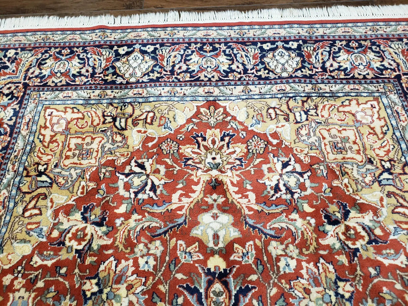 Vintage Indo Persian Oriental Rug 6 x 9.6, Wool Hand-Knotted Red Dark Blue & Gold Indian Carpet, 6 x 9 Office Room Rug, Floral Medallion by Jewel Rugs