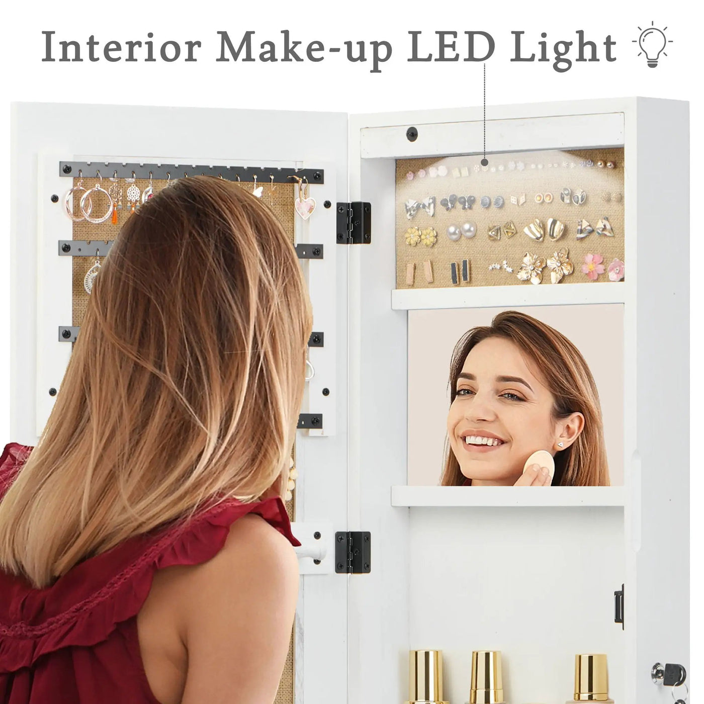 Jewelry Armoire Organizer With Full Length Mirror, Wall Mounted Lockable Cabinet With LED Light by HouseOfZazla