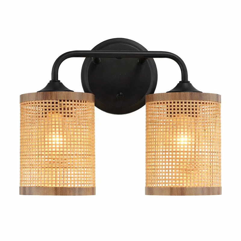 Quell - Double Light Vanity With Natural Shade Wall Lamp - Black / Rattan by HouseOfZazla