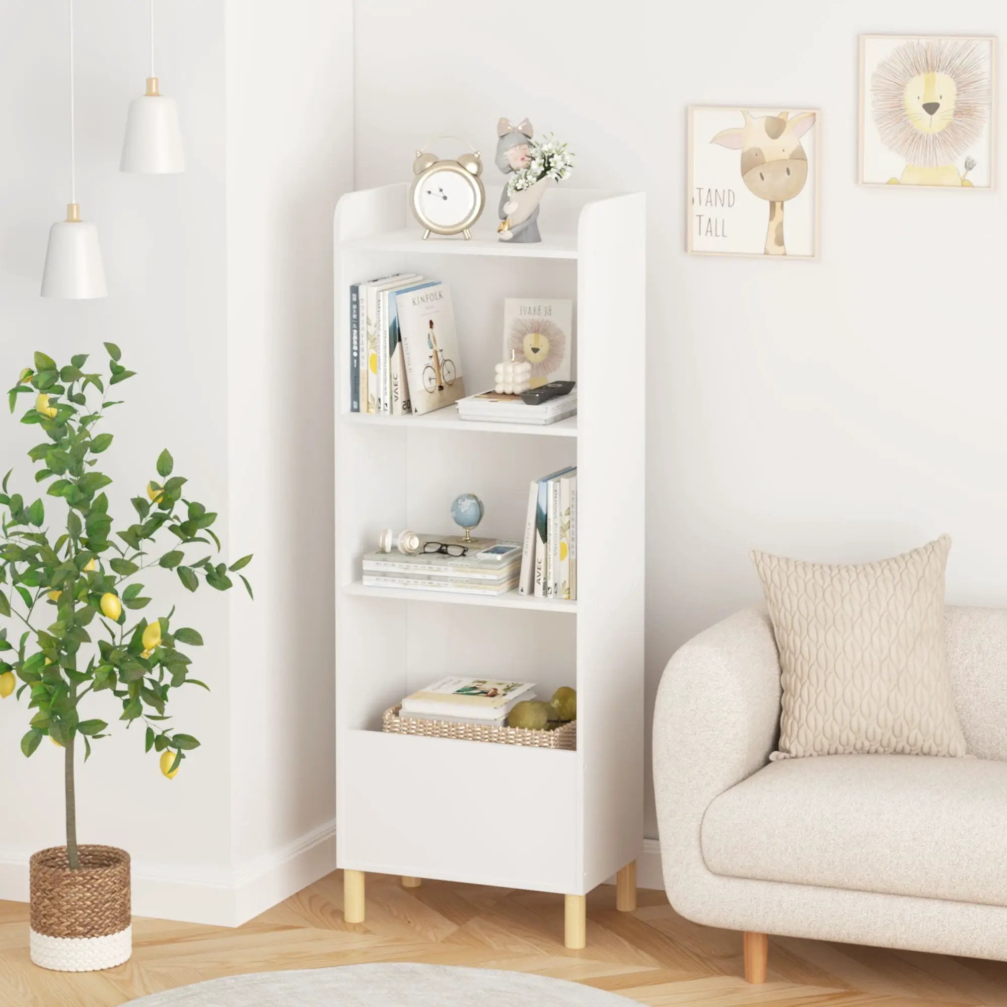 4 Tier Bookcase, Book Display With Safety Restraint, Storage Cabinet For Playroom - White by Unique Piece Furniture