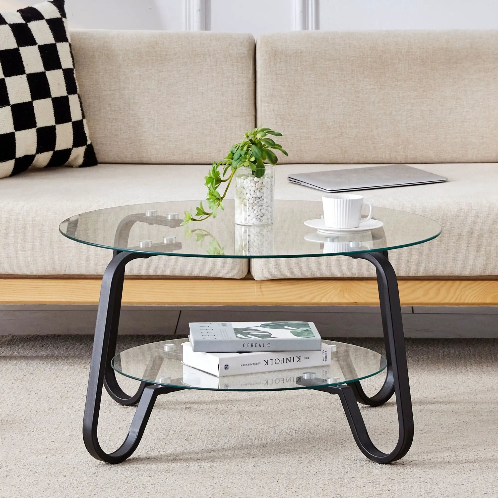 Retro Minimalist Style Metal Frame Double Layer Tempered Glass Coffee Table by Unique Piece Furniture