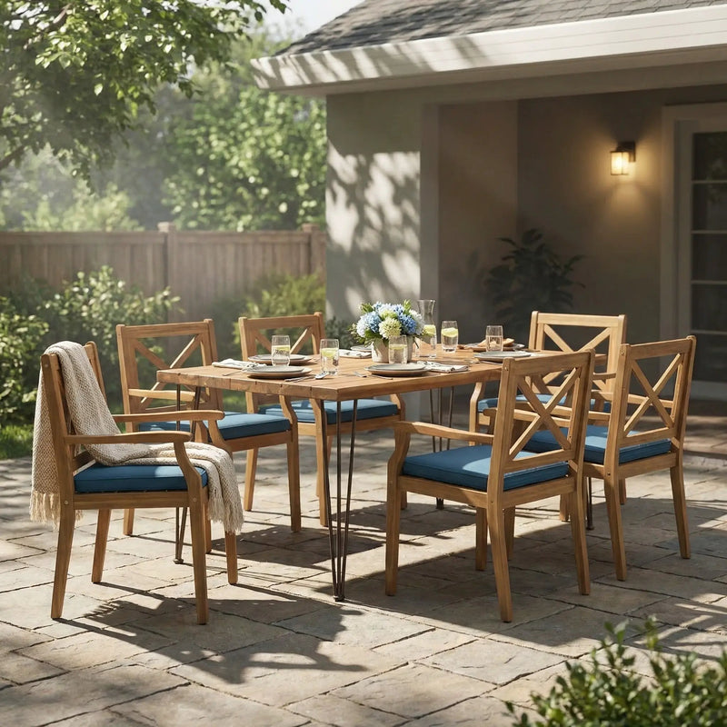 7-Piece Acacia Wood Outdoor Dining Set with Blue Cushions by HouseOfZazla