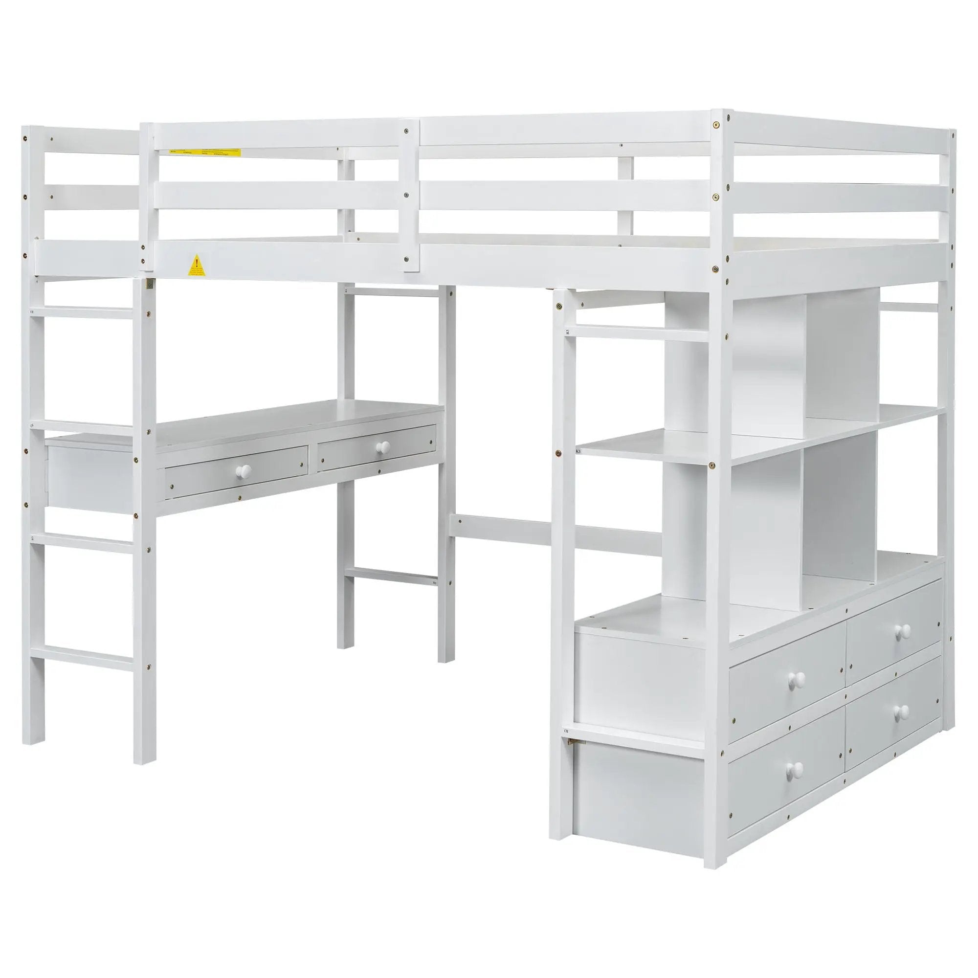 Full Size Loft Bed With Built In Desk, 2 Drawers, Storage Shelves - White