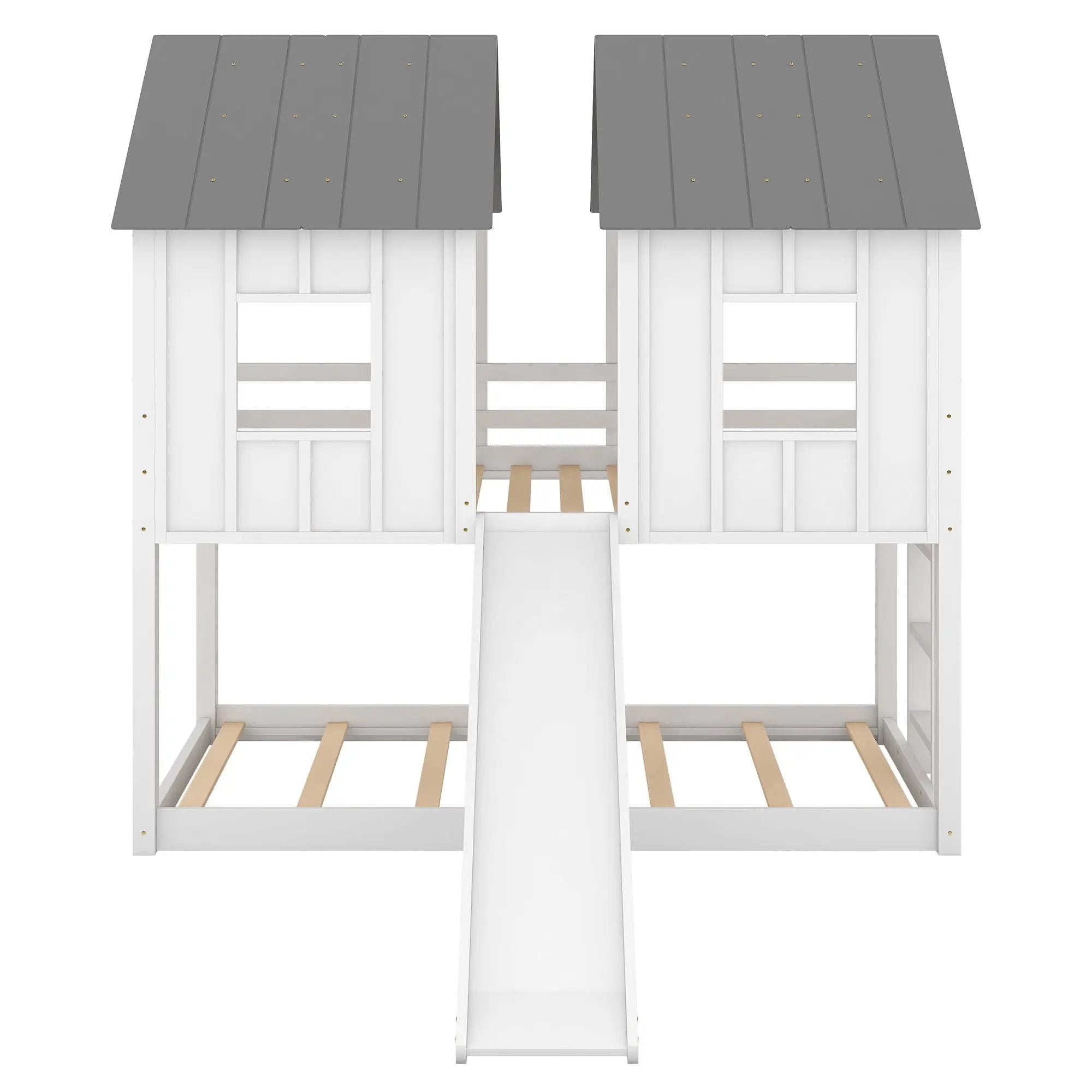Twin Over Twin House Bunk Bed With Slide And Windows - White / Gray by HouseOfZazla