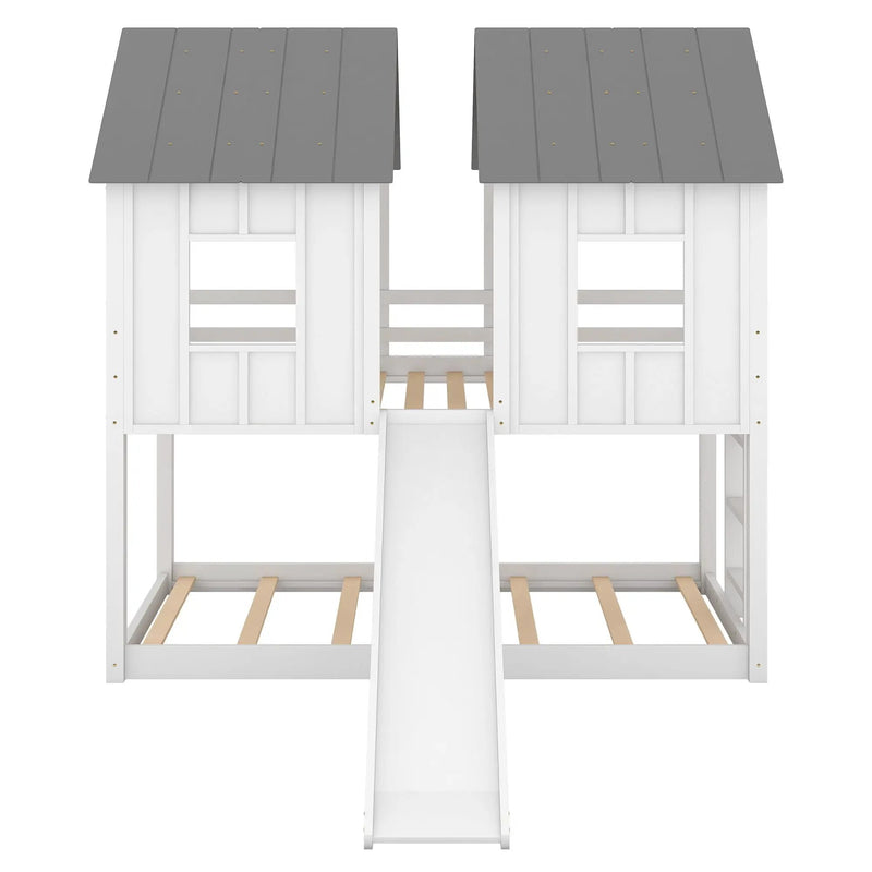 Twin Over Twin House Bunk Bed With Slide And Windows - White / Gray by Unique Piece Furniture
