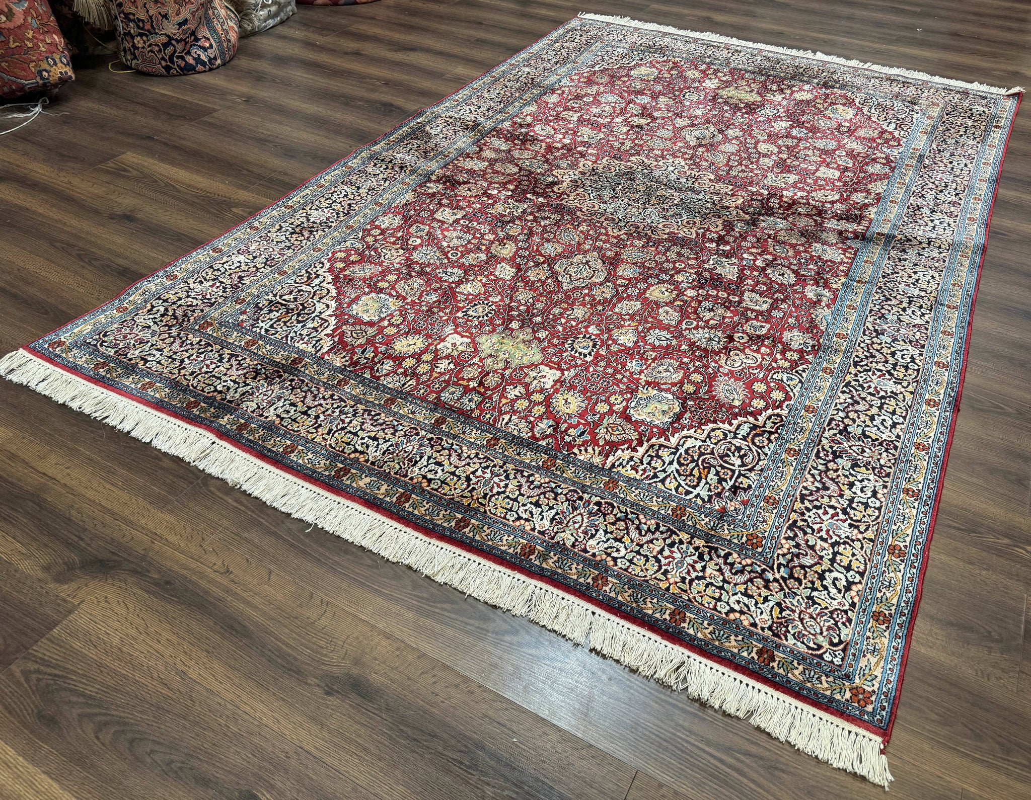 Indian Kashmiri Silk Rug 6x9, Red and Navy Blue, Floral Medallion, Fine 275 KPSI by Jewel Rugs