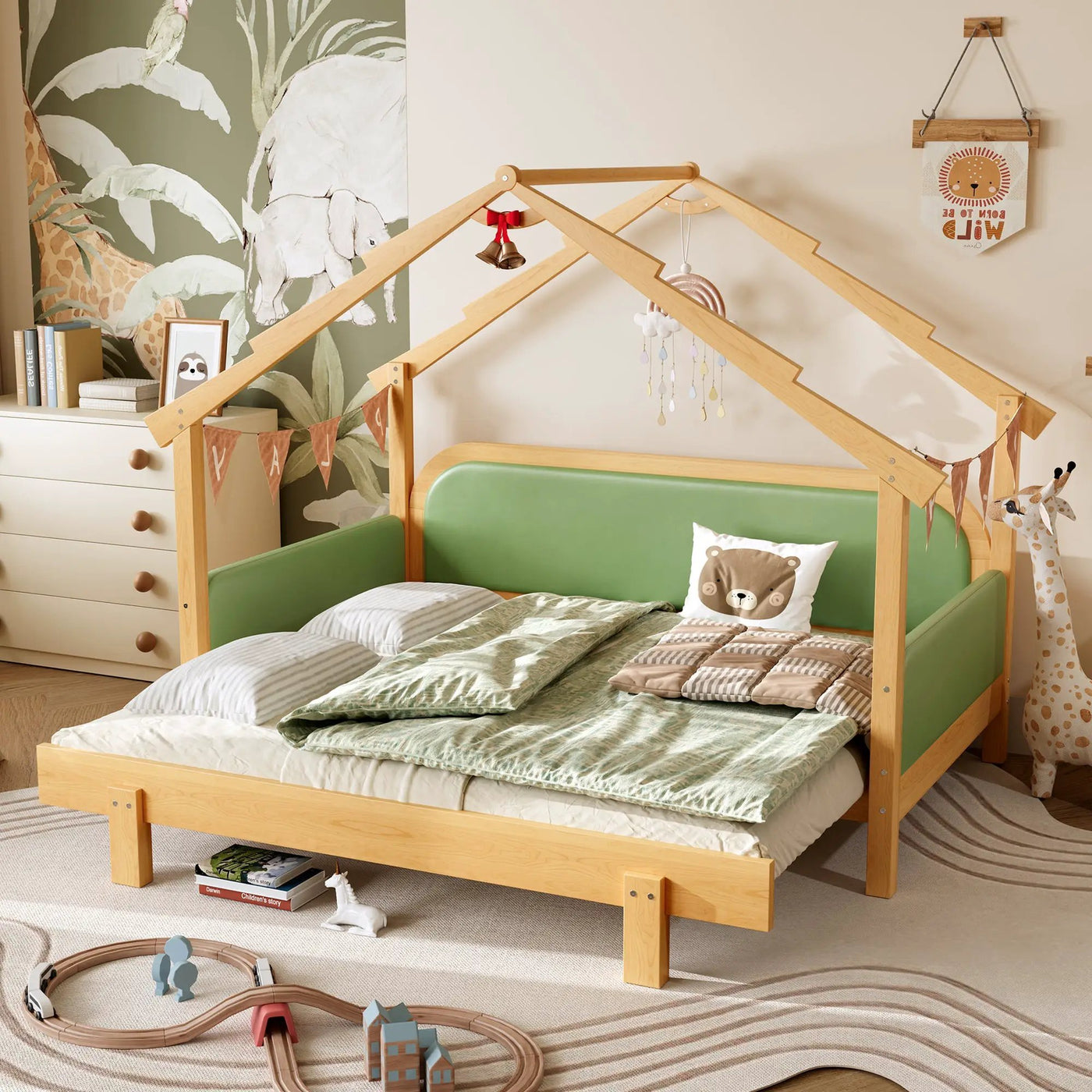 Twin Size Wood Treehouse Bed with Soft Cushion Rails by HouseOfZazla