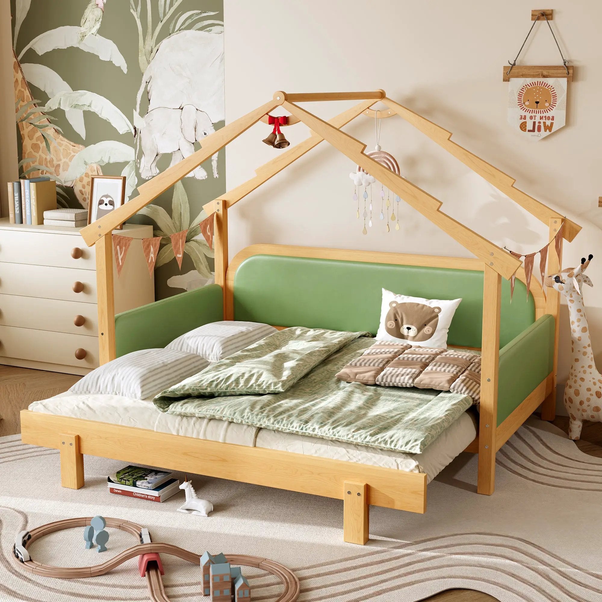 Twin Size Wood Treehouse Bed with Soft Cushion Rails by HouseOfZazla