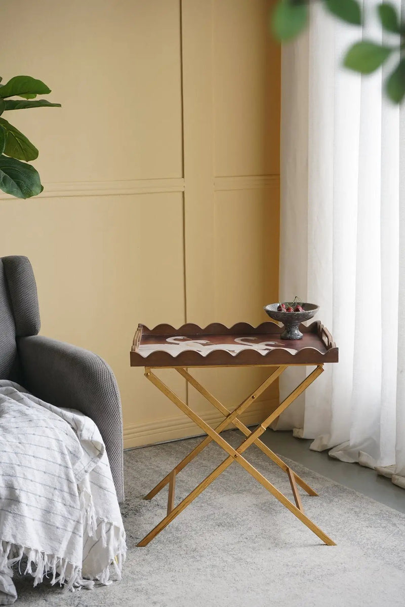 23.5x15.5x24 Brown MDF Tray Table with White Swan Motif and Iron Base by HouseOfZazla