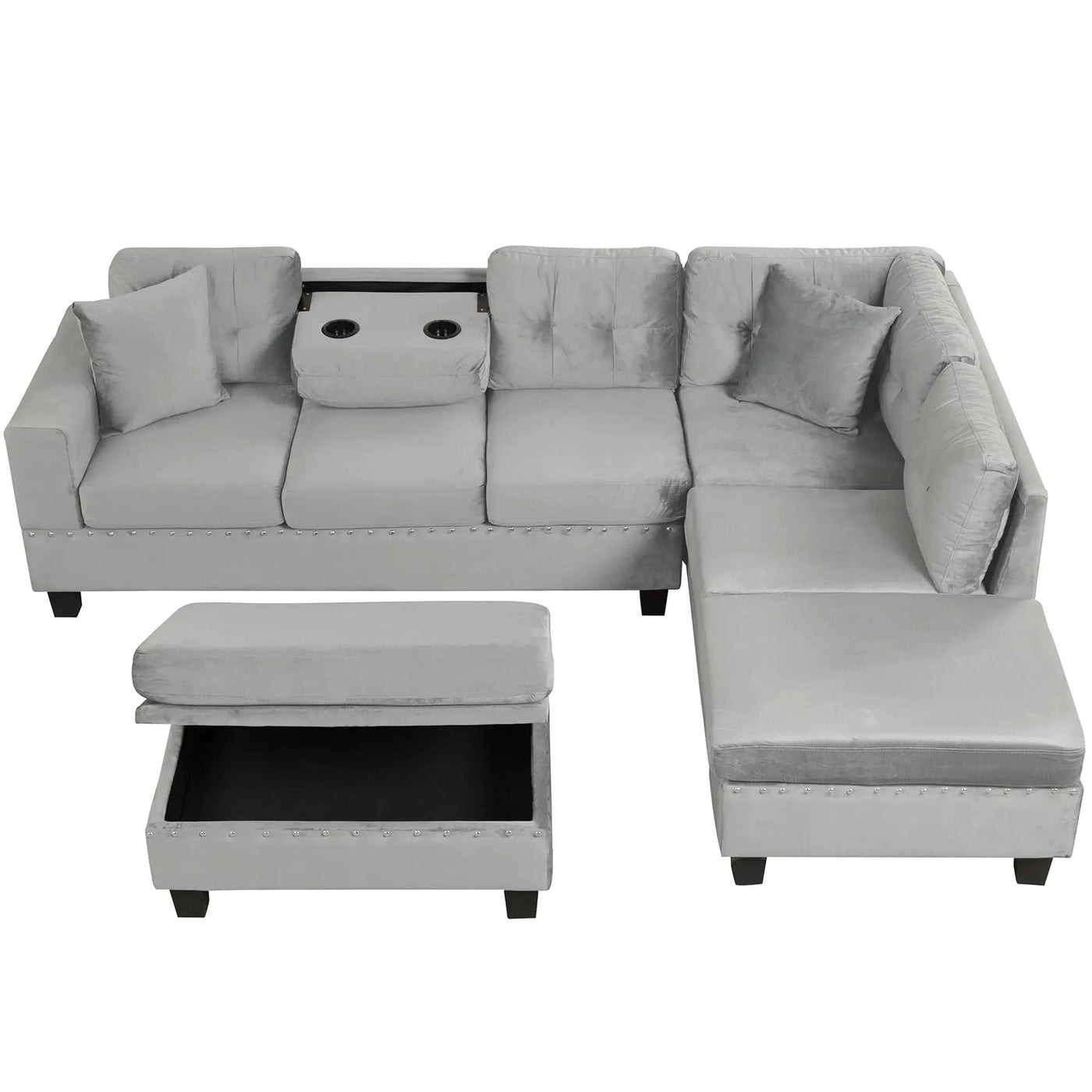 Modern Sectional Sofa With Storage Ottoman, L - Shape Couch With 2 Pillows And Cup Holders by HouseOfZazla