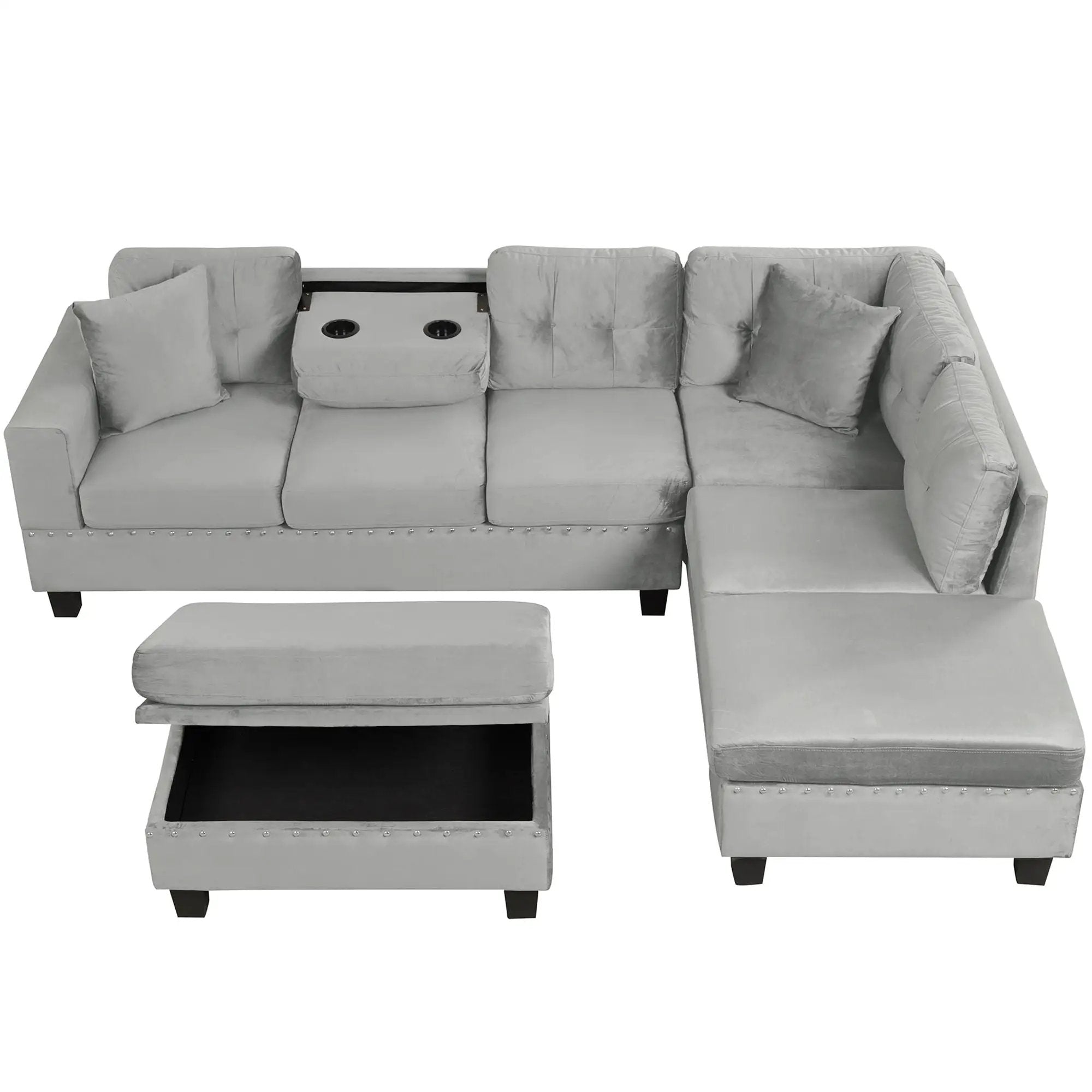 Modern Sectional Sofa With Storage Ottoman, L - Shape Couch With 2 Pillows And Cup Holders by HouseOfZazla