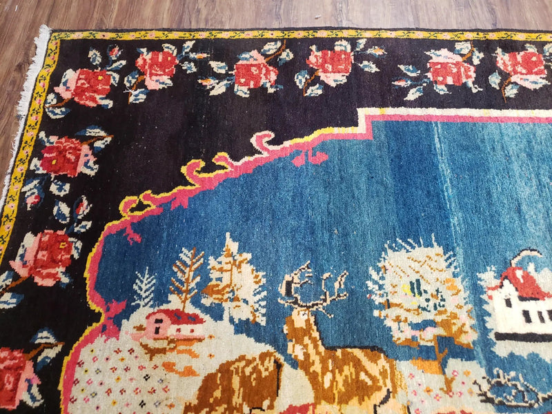 Antique Persian Pictorial Rug 4'6" x 9', Wool Hand-Knotted Blue Roses Karabagh Caucasian Carpet, 1920s Girl Deer Tapestry Wall Hanging Rug by Jewel Rugs