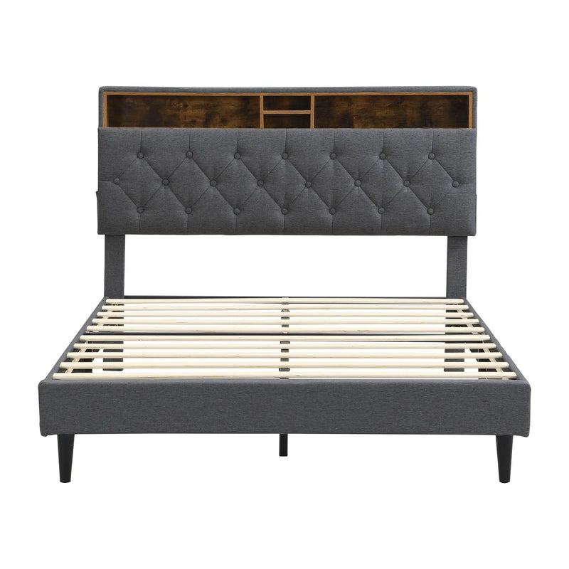 Modern Upholstered Platform Bed Frame With Button Tufted Headboard And USB Ports by Unique Piece Furniture