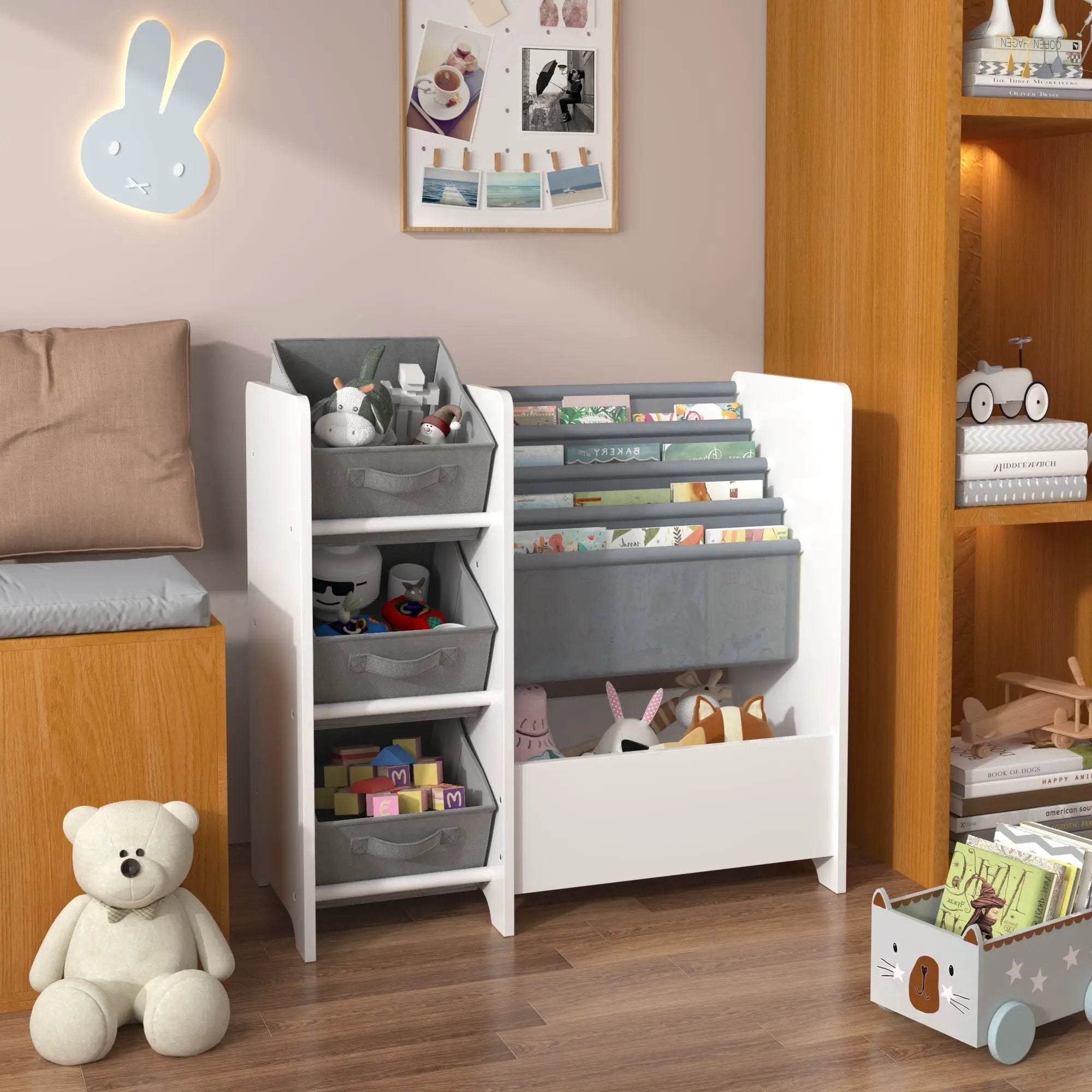 Bookshelf And Toy Storage Organizer, Multifunctional 4 Tier With 3 Collapsible Drawers - White by HouseOfZazla
