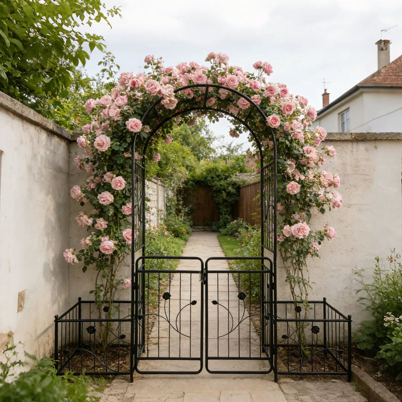 Metal Garden Arch With Gate Wide High Climbing Plants Support Rose Arch Outdoor - Black by Unique Piece Furniture