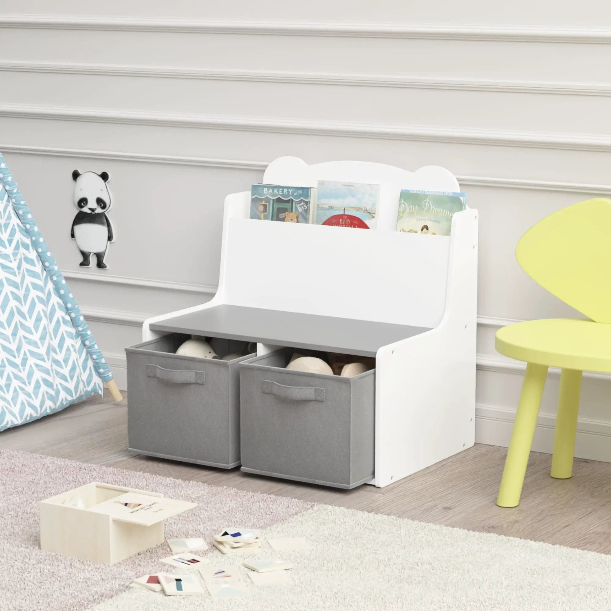 Bookshelf With Storage Bins, Bookcase With Book Display Shelf And 2 Bins, Cute Bear Shaped Backboard, Toy Organizer - White by Unique Piece Furniture