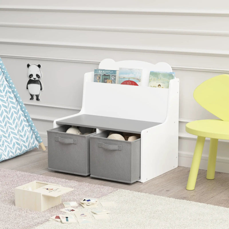 Bookshelf With Storage Bins, Bookcase With Book Display Shelf And 2 Bins, Cute Bear Shaped Backboard, Toy Organizer - White by Unique Piece Furniture