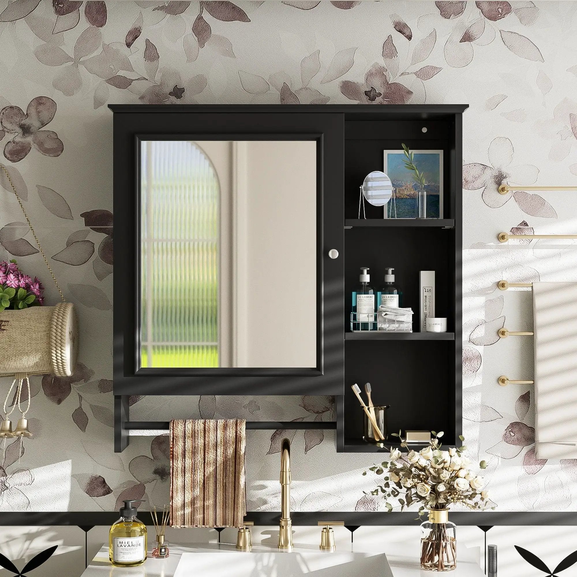 Wall Mounted Bathroom Storage Cabinet, Medicine Cabinets With Large Mirror Door, Adjustable Shelves And Three Open Storage Levels(Not Include Bathroom Vanity) by HouseOfZazla