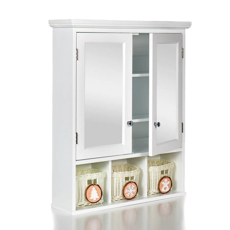 Bathroom Storage Cabinet, Medicine Cabinets For Bathroom With Mirror, 2 Doors 2 Adjustable Shelf & 3 Christmas Style Storage Basket - White by Unique Piece Furniture