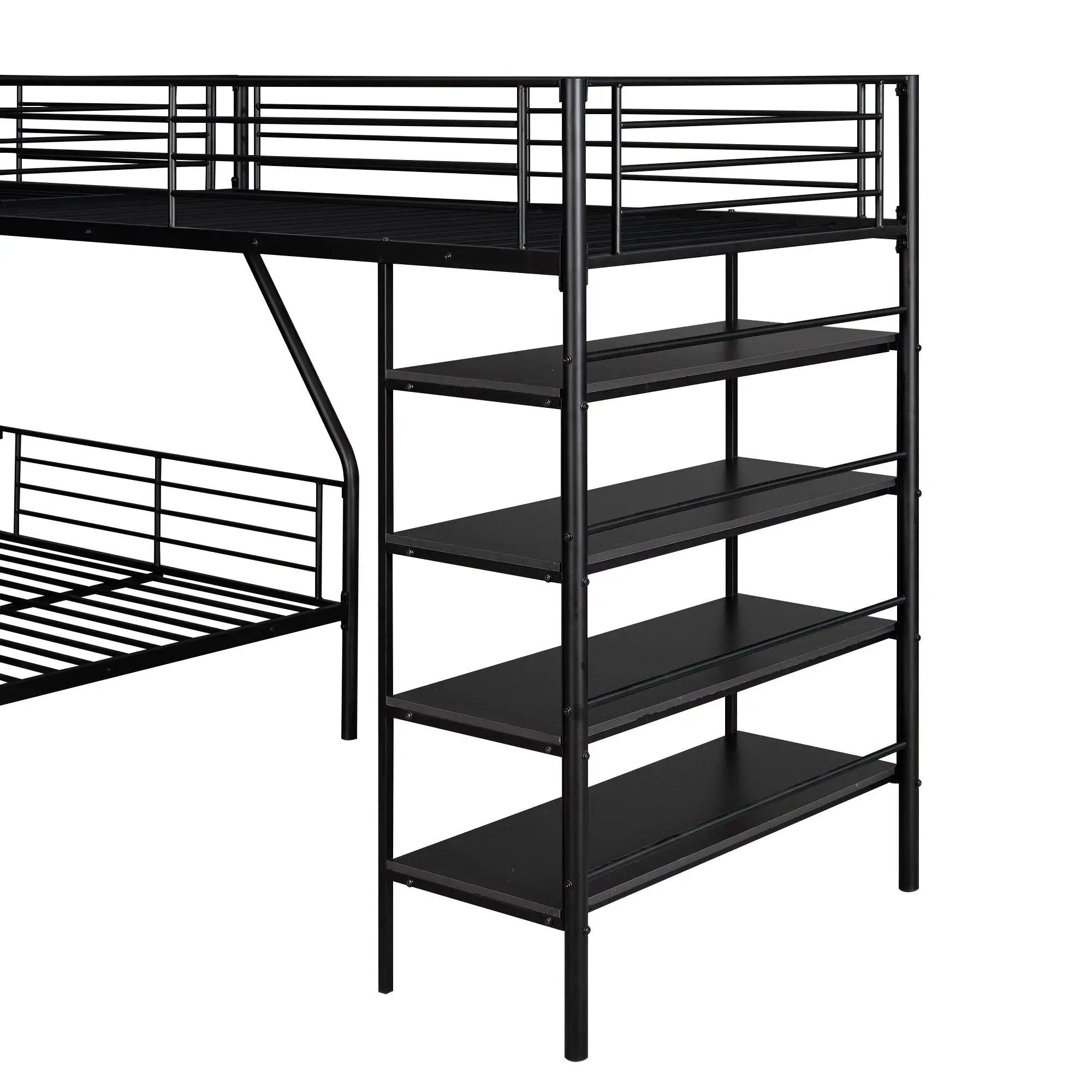 L-Shaped Twin Over Full Bunk Bed And Twin Loft Bed With 4 Built In Shelves - Black by Unique Piece Furniture