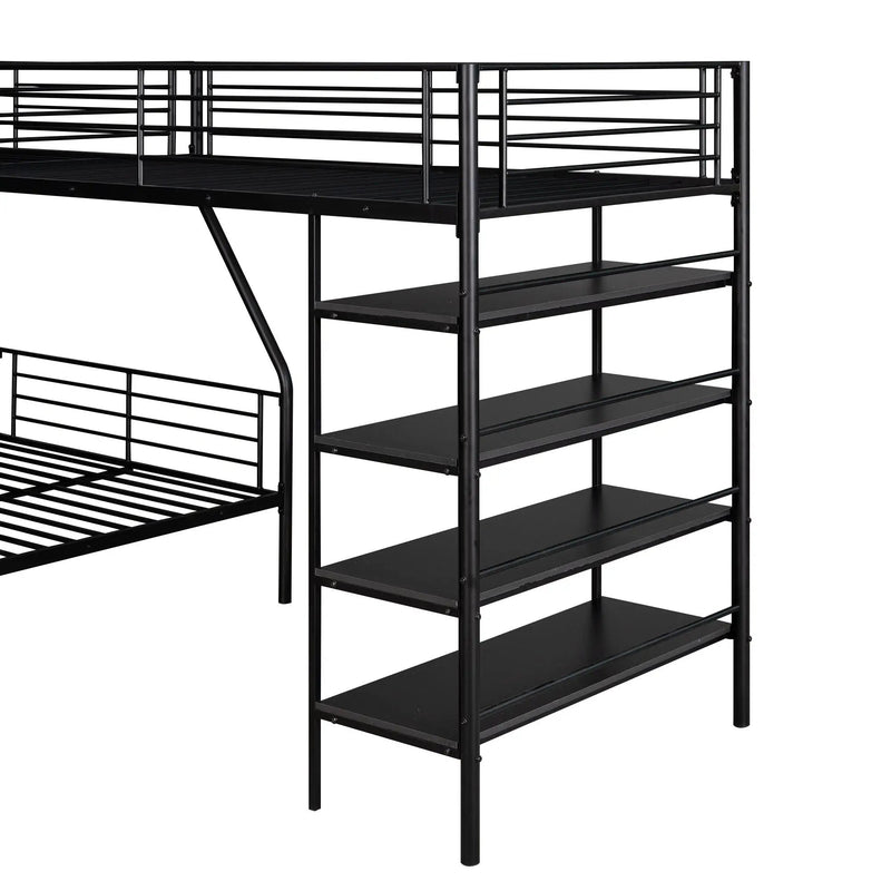 L-Shaped Twin Over Full Bunk Bed And Twin Loft Bed With 4 Built In Shelves - Black by Unique Piece Furniture