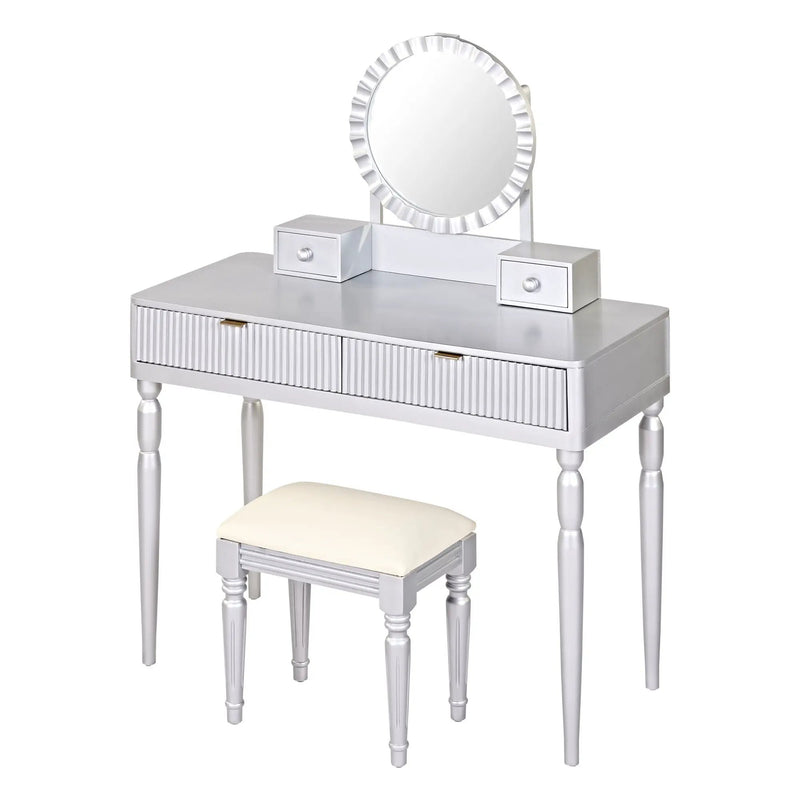 Luxury Vanity Desk With Round Mirror Height Adjustable Dressing Table Set Engineered Wood - Silver by Unique Piece Furniture
