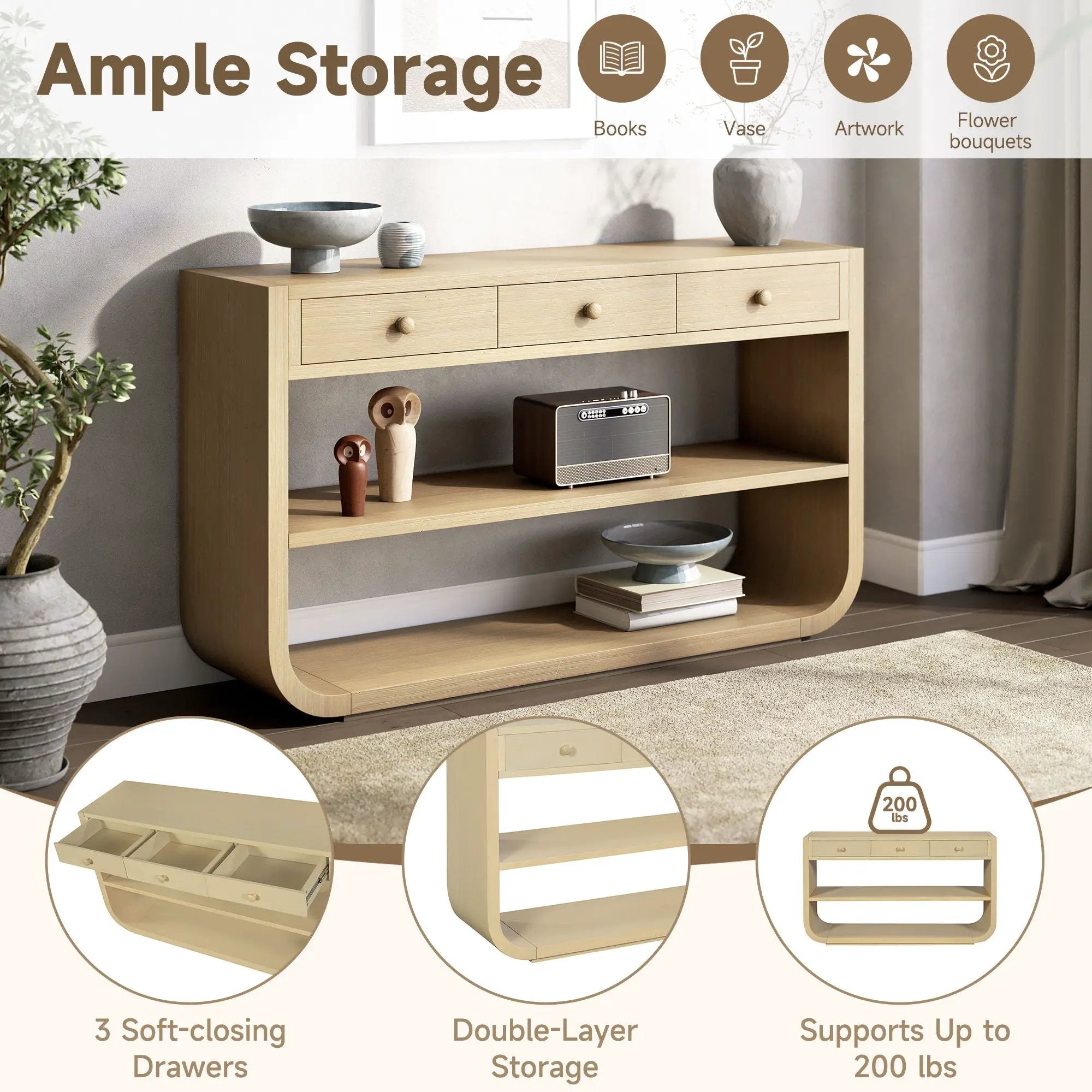 Console Table With 3 Soft Close Drawers & 2 Open Shelves by HouseOfZazla