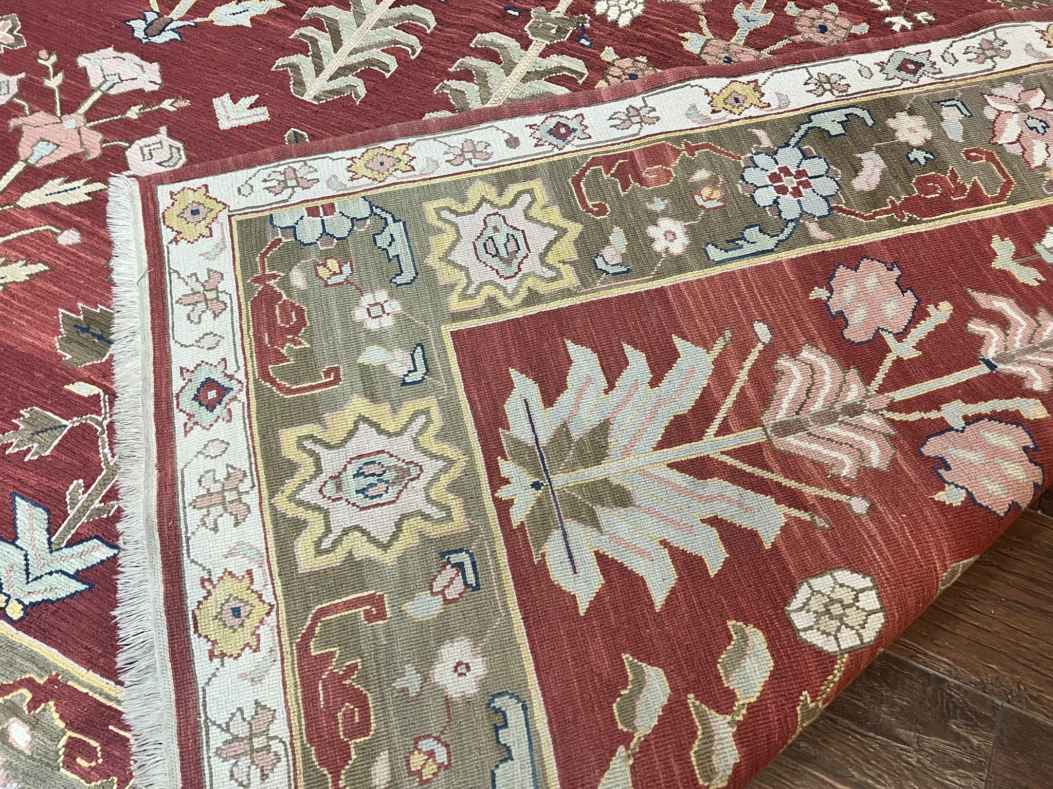 Indian Rug 10x14, Wool Hand Knotted Flatweave Carpet, Tree of Life, Red and Green by Jewel Rugs