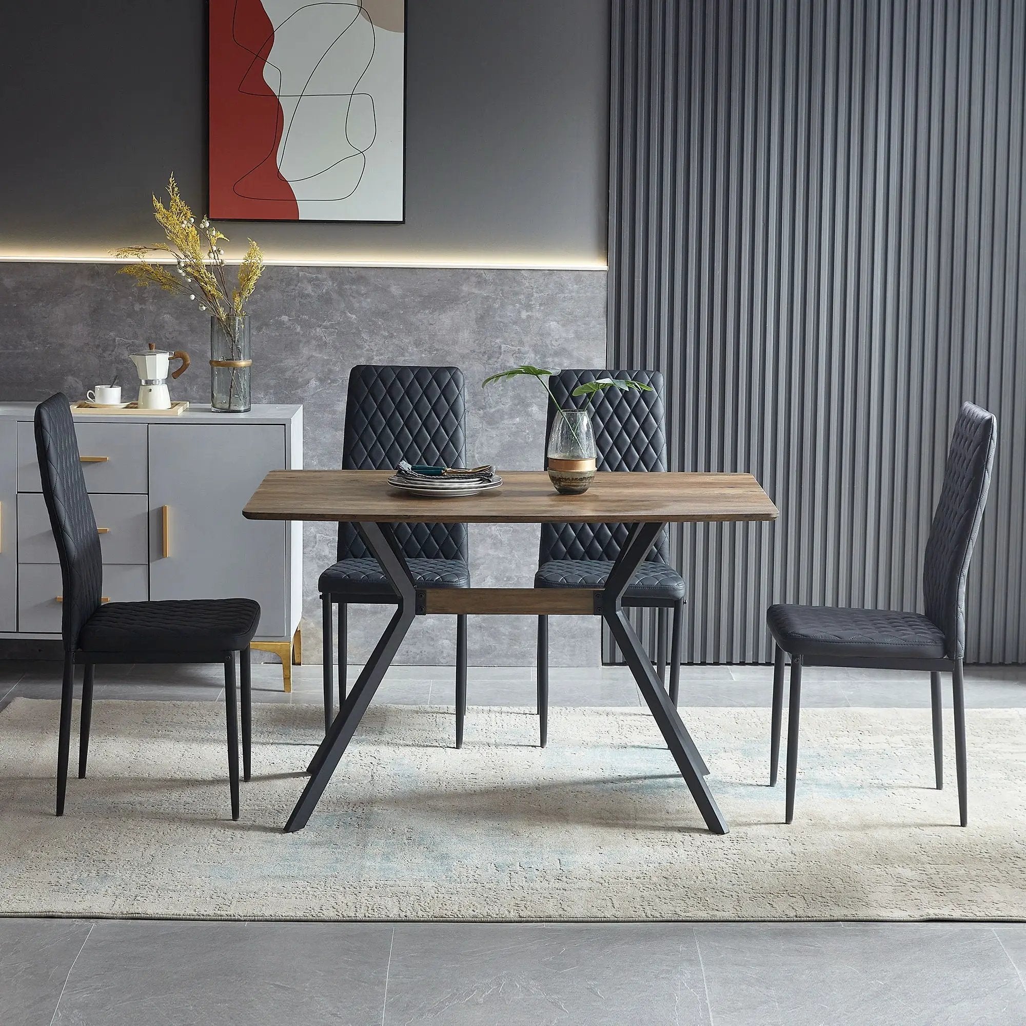 Modern Minimalist Style Dining Table MDF Wooden Top Metal Shelf Metal Heat Transfer Legs Leveling Feet For Dining Room Kitchen Office Table - Walnut / Black by HouseOfZazla