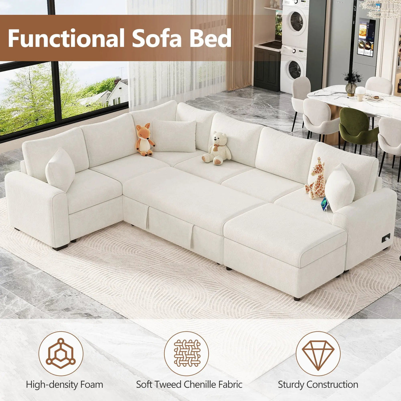 Sectional Sofa Pull-Out Sofa Bed Sleeper With A Storage Ottoman, Three Pillows And Charging Devices For Living Room by HouseOfZazla