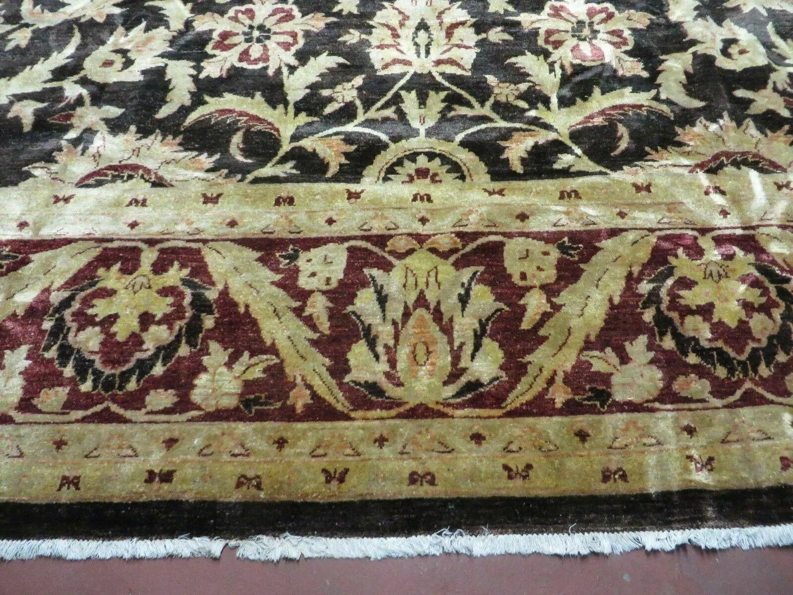 11' X 15' Vintage Hand Knotted Indian Agra Wool Rug Hand Made Dark Brown Floral by Jewel Rugs