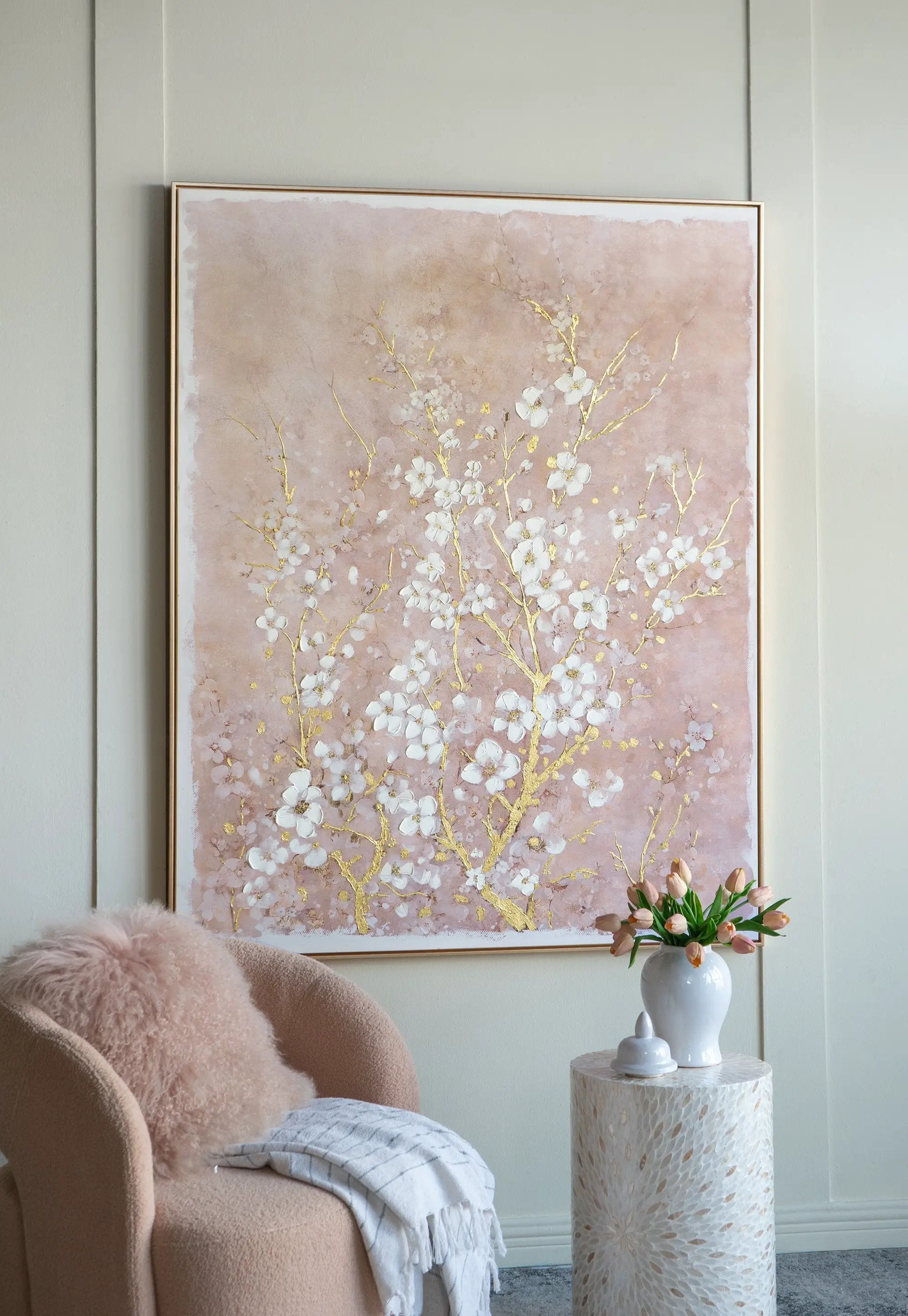 59.1x47.2 Hand-Painted Cherry Blossom Canvas Art with Blush Pink and White Finish by HouseOfZazla