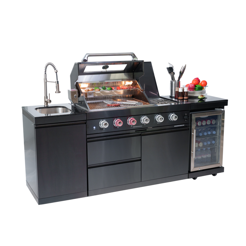 NG 85" 4-Burner 72,000 BTU Black Outdoor Kitchen Island Grill + Refrigerator + Sink by Chery Industrial
