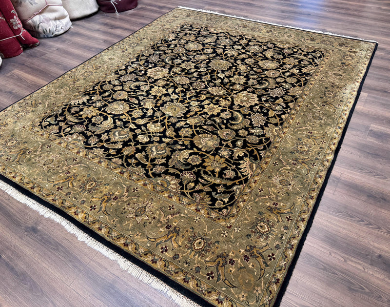 Indo Persian Rug 8x10, Black and Green, Wool, Handmade, Traditional, Floral Allover, Vintage by Jewel Rugs