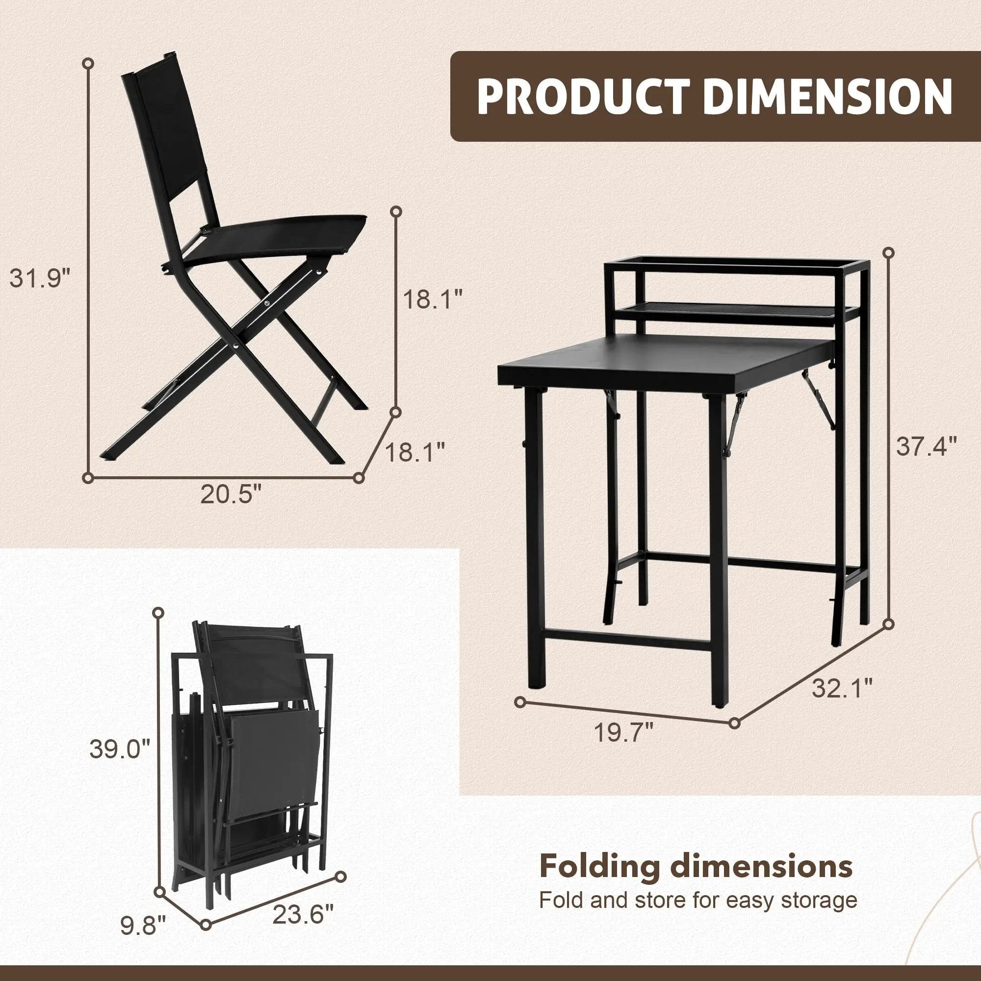 3 Piece Patio Bistro Set, Patio Set Of Foldable Patio Table And Chairs, Outdoor Patio Furniture Sets - Black by HouseOfZazla
