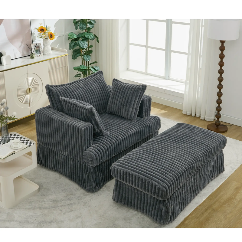 Oversized Corduroy Chaise Lounge with Ottoman in Dark Gray by HouseOfZazla