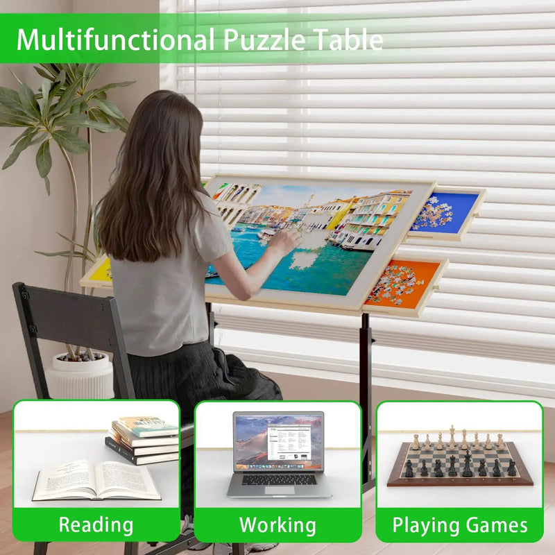 360 Degree Tilting Wooden Puzzle Table With Adjustable Height and Storage by HouseOfZazla
