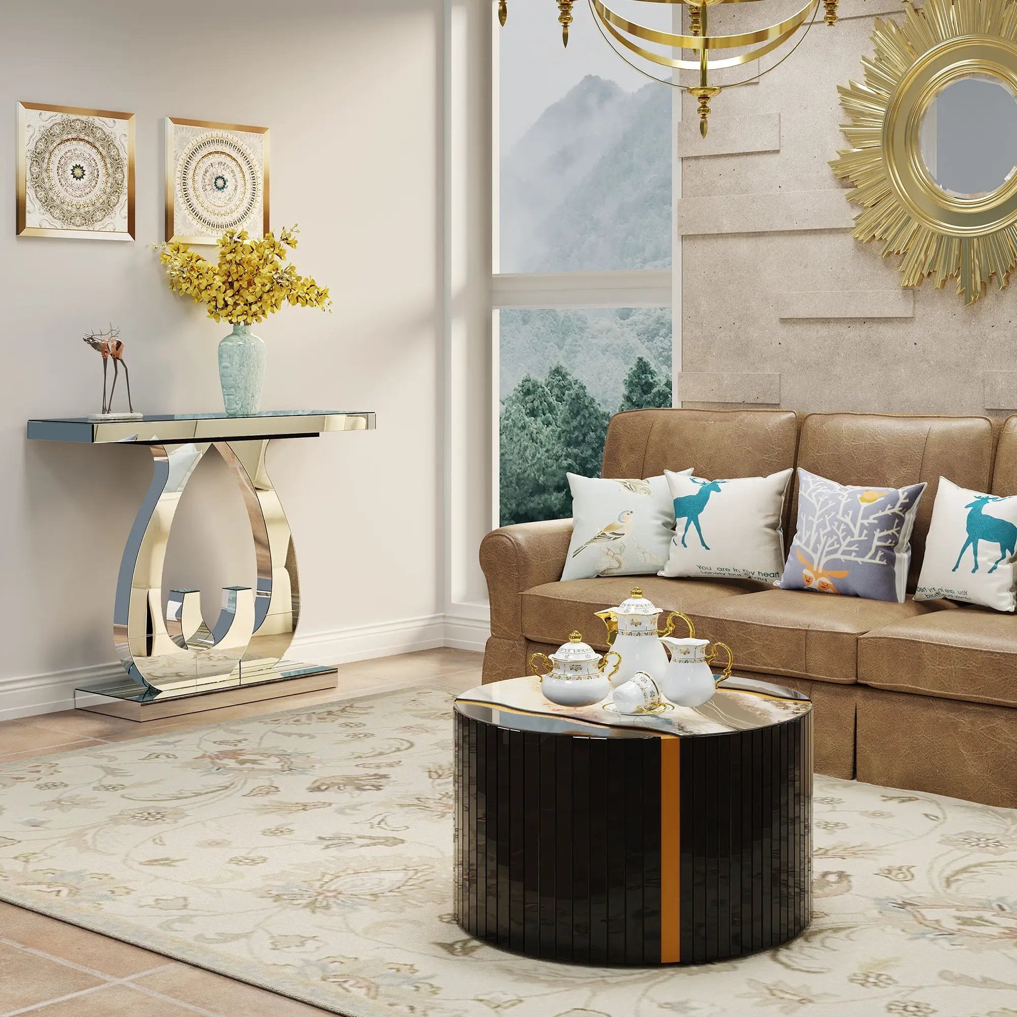 Modern Mirror Side Table with Double C-Shape Base by HouseOfZazla