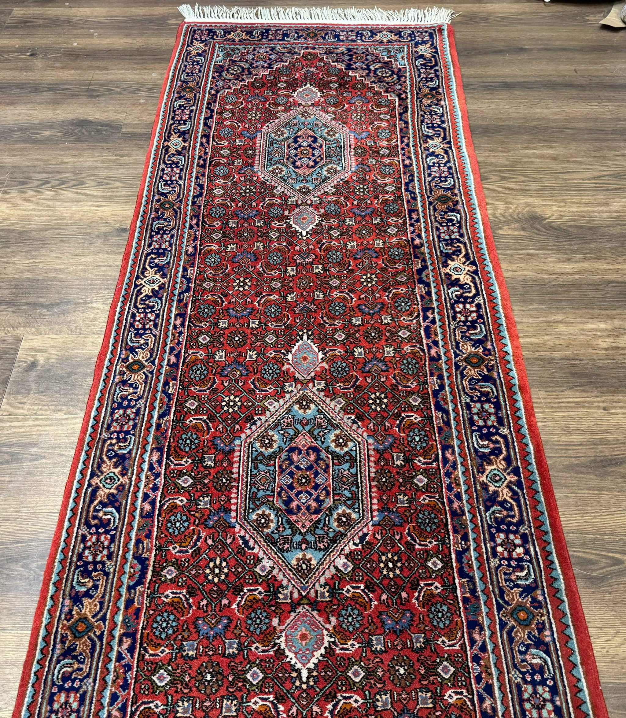 Indo Persian Bidjar Runner Rug 3 x 18.6, Red Navy Blue, Long Runner, Wool Oriental Carpet by Jewel Rugs