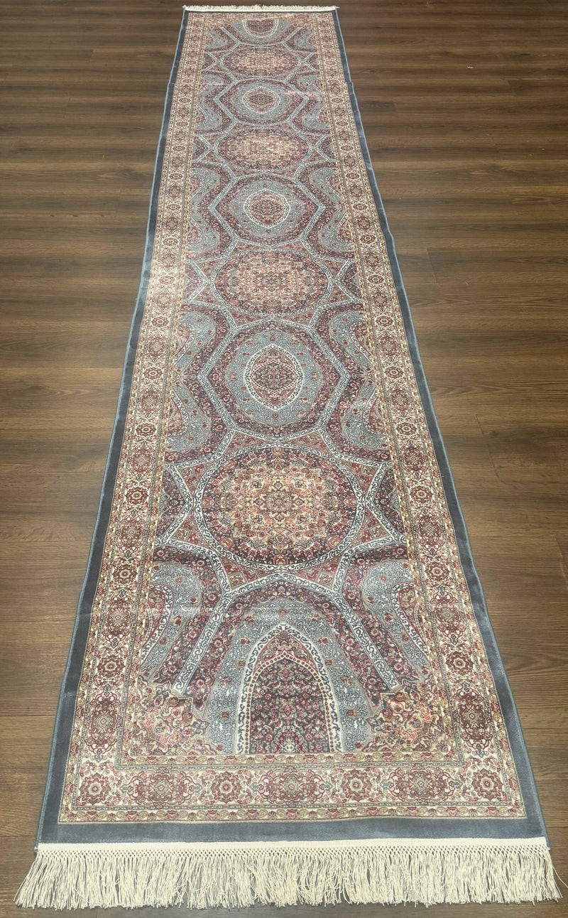Turkish Silk Runner Rug 2.6 x 13, Blue Runner Rug, Dome Design, Bamboo Silk, New by Jewel Rugs