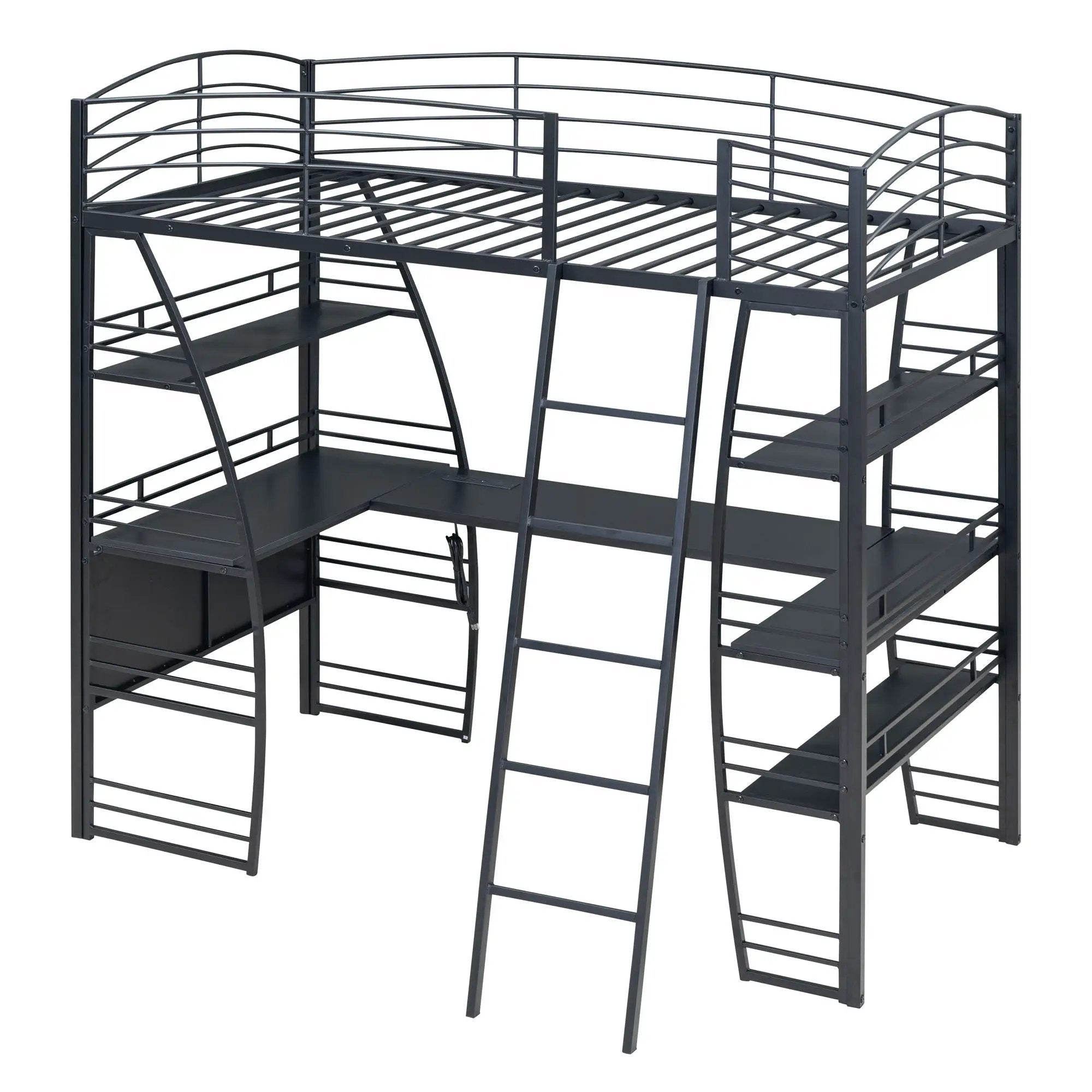 Loft Bed With 4 Layers Of Shelves And L-Shaped Desk, Stylish Metal Frame Bed With A Set Of Sockets, USB Ports And And Wireless Charging by HouseOfZazla