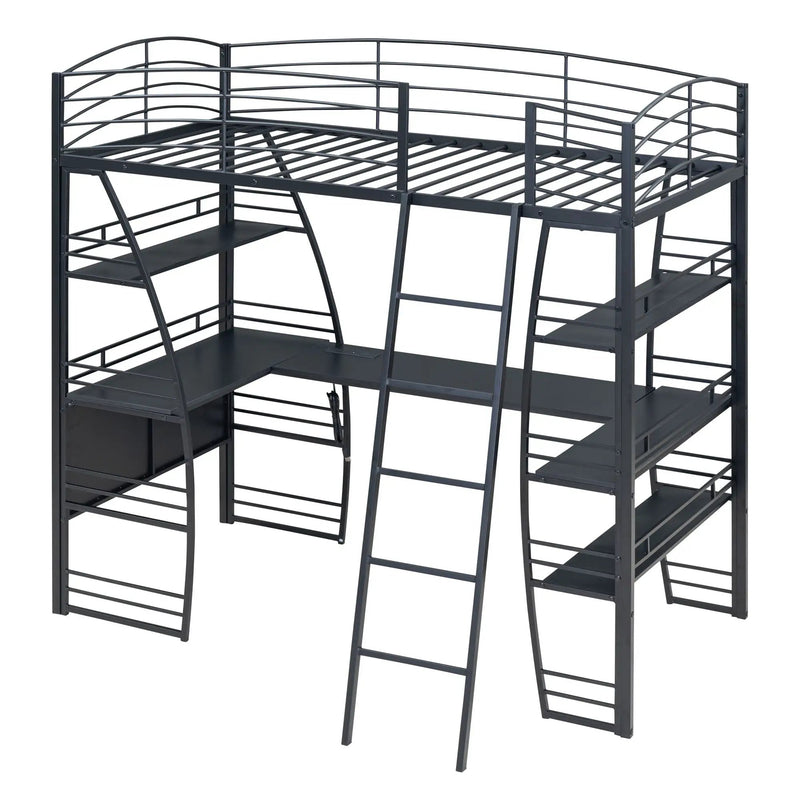 Loft Bed With 4 Layers Of Shelves And L-Shaped Desk, Stylish Metal Frame Bed With A Set Of Sockets, USB Ports And And Wireless Charging by HouseOfZazla