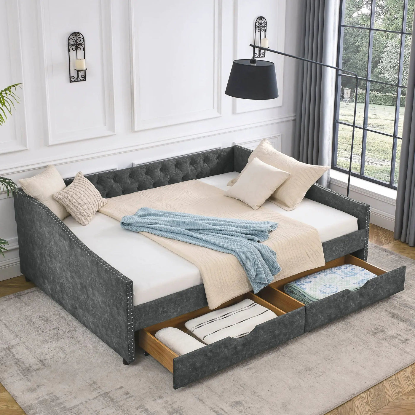 Upholstered Tufted Daybed With 2 Drawers, Waved Arms by Unique Piece Furniture