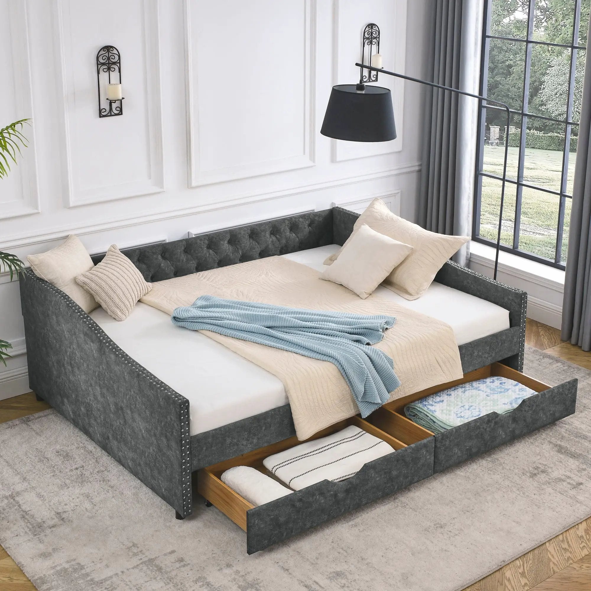 Upholstered Tufted Daybed With 2 Drawers, Waved Arms by Unique Piece Furniture