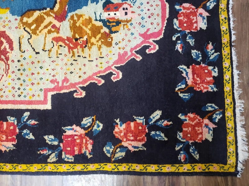 Antique Persian Pictorial Rug 4'6" x 9', Wool Hand-Knotted Blue Roses Karabagh Caucasian Carpet, 1920s Girl Deer Tapestry Wall Hanging Rug by Jewel Rugs