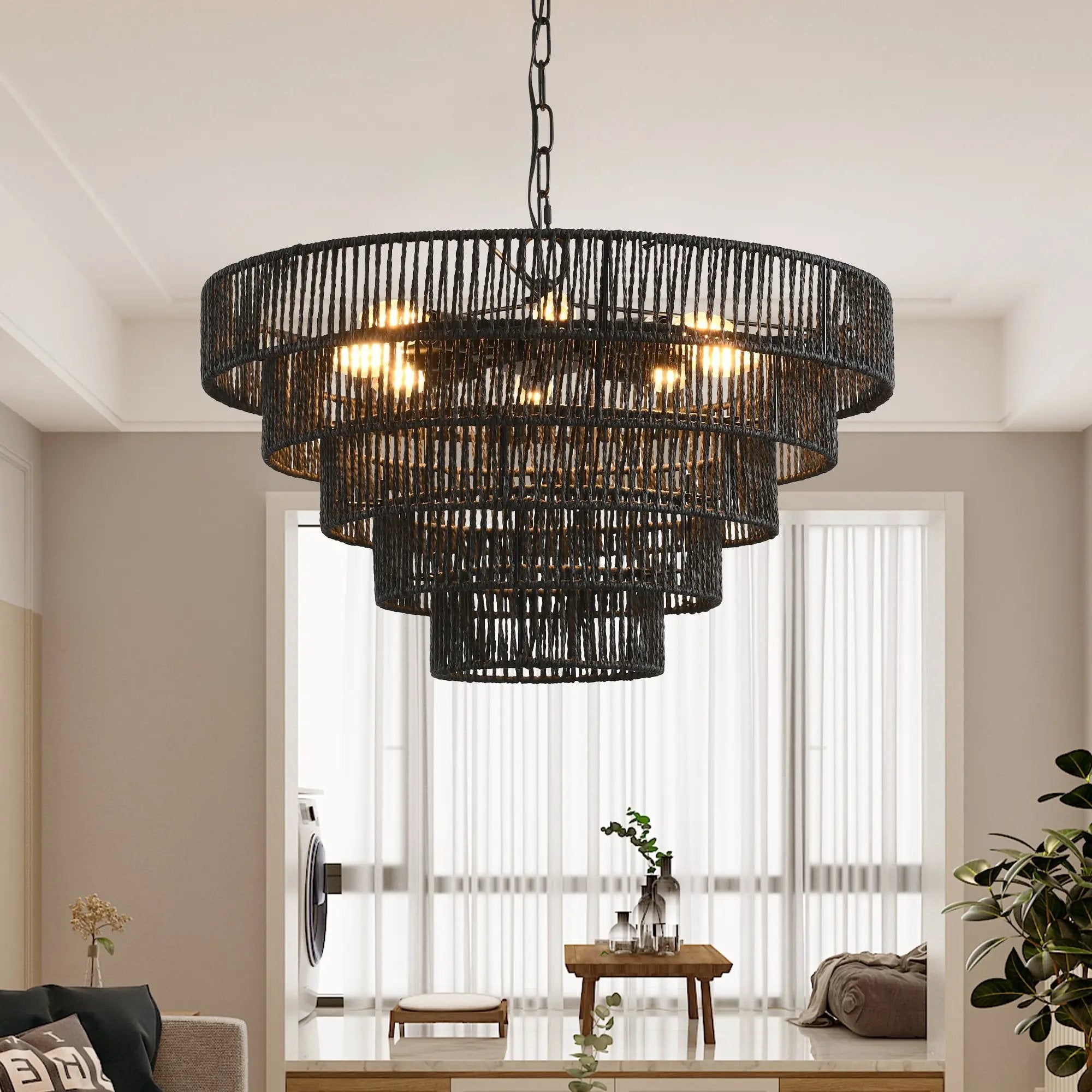 24" Rustic 5-Tier Black Hemp Rope Pendant Light Chandelier by HouseOfZazla