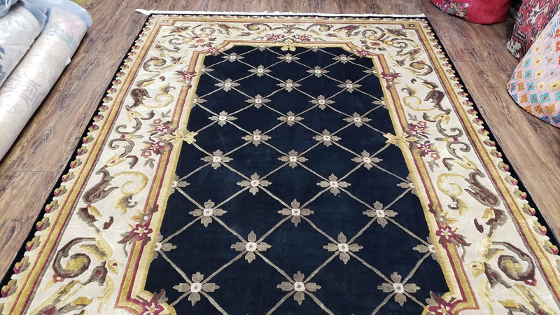 Nepal Rug 6x9, New Aubusson Nepalese Tibetan Carpet 6'1" x 8' 8", Hand-Knotted Wool, Unused, Black & Cream, Savonnerie Pattern, Soft Pile by Jewel Rugs