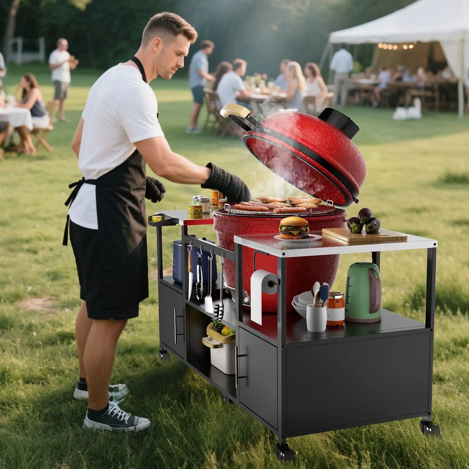 Outdoor Grill Table For Big Egg Style Bbq With Metal Grill Cart And Storage Box And Metal And Stainless Steel - Black / Silver by HouseOfZazla