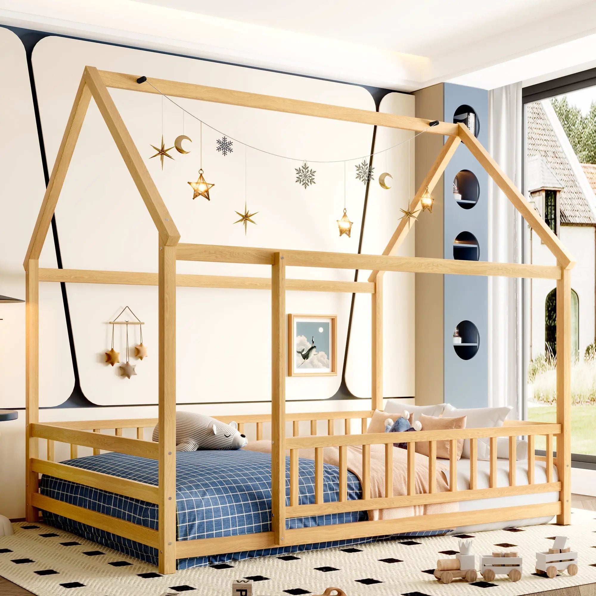 Full Size Floor Wooden Bed with House Roof Frame by HouseOfZazla
