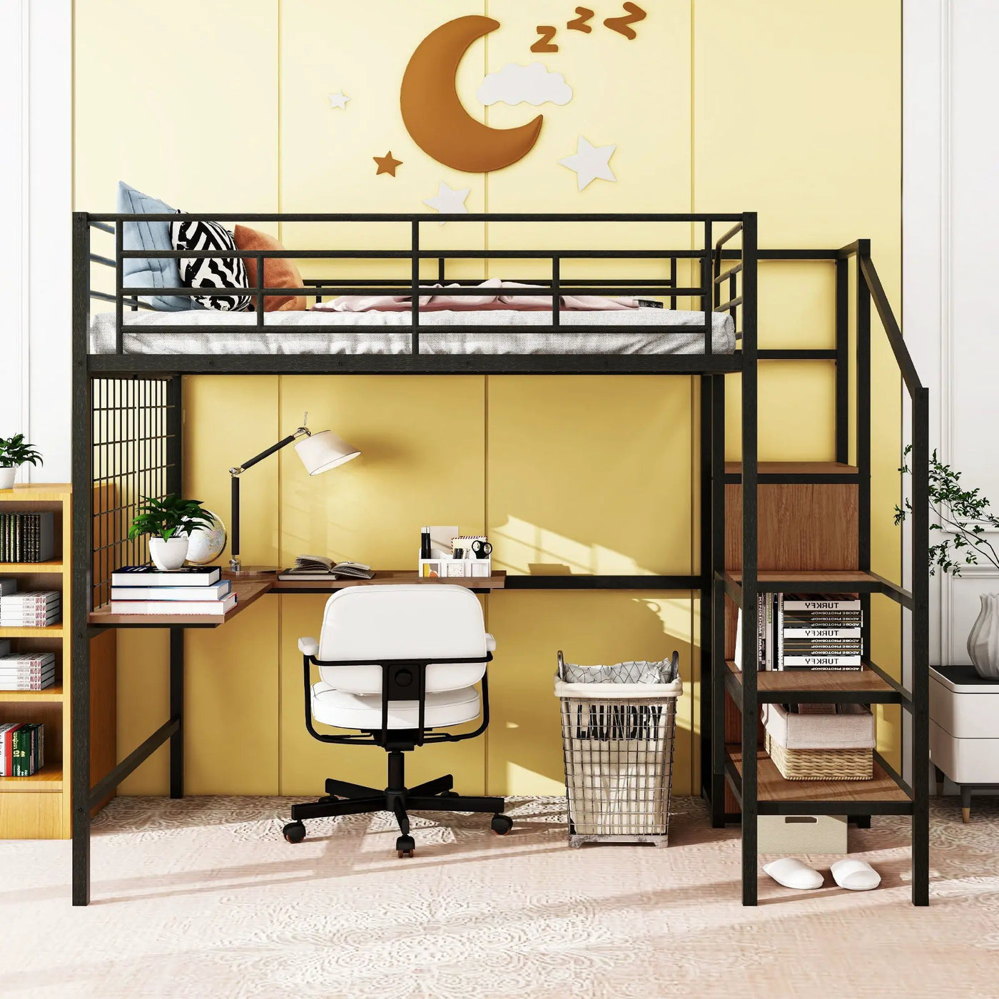 Loft Bed With Desk And Grid, Stylish Frame With Lateral Storage Ladder And Wardrobe by Unique Piece Furniture
